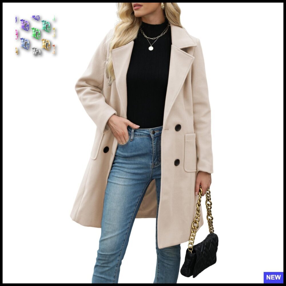 Wool Blend Pea Coat Classic Double Breasted Notch Lapel Mid Length Winter Coat